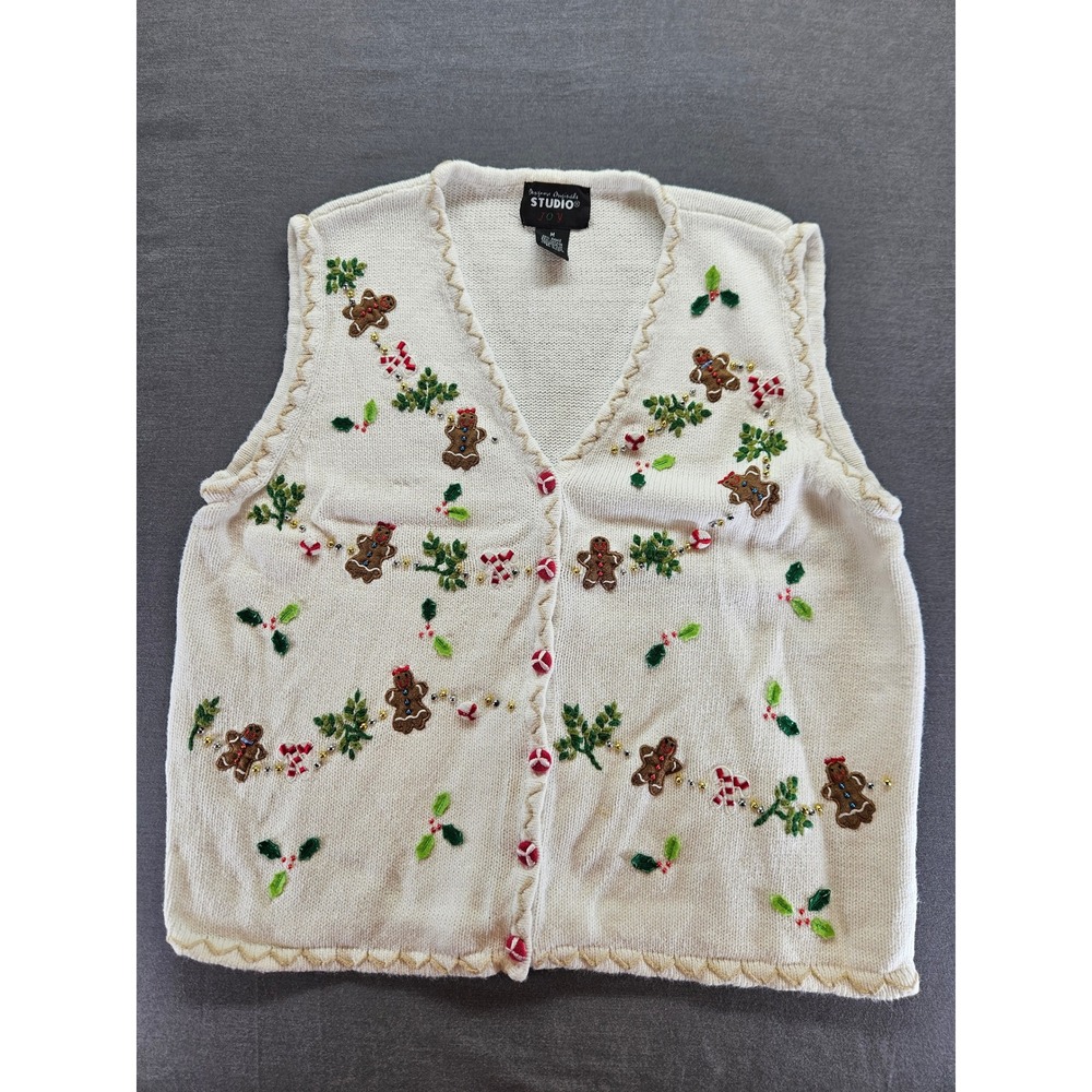 Designers Originals Studio Joy Gingerbread Man Christmas Sweater Vest Cream Med